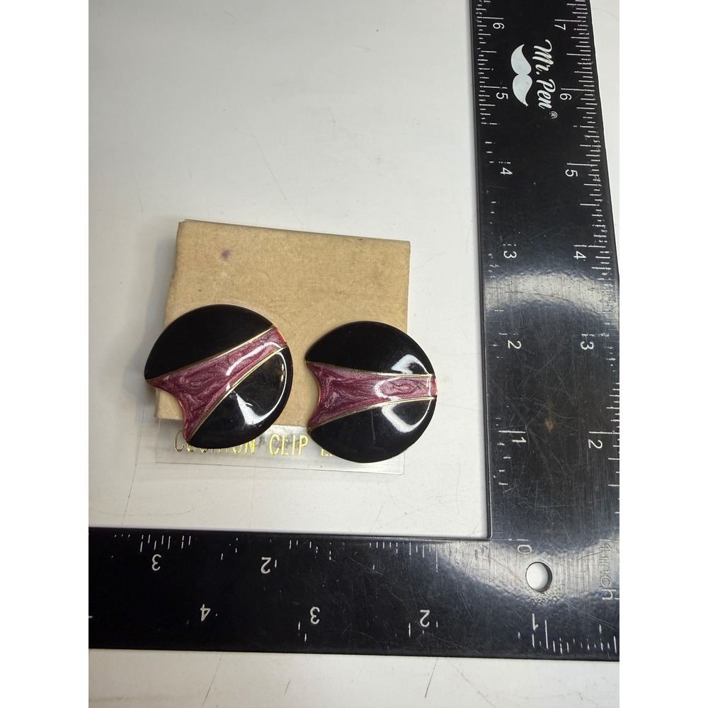 Vintage Clay Creations Black Purple Gold Tone Geometric Clip On Earrings 80s